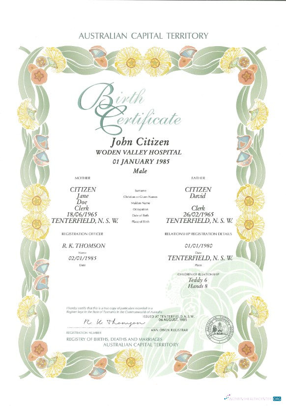 Australia Australian Capital Territory decorative (commemorative) birth certificate template in PSD format